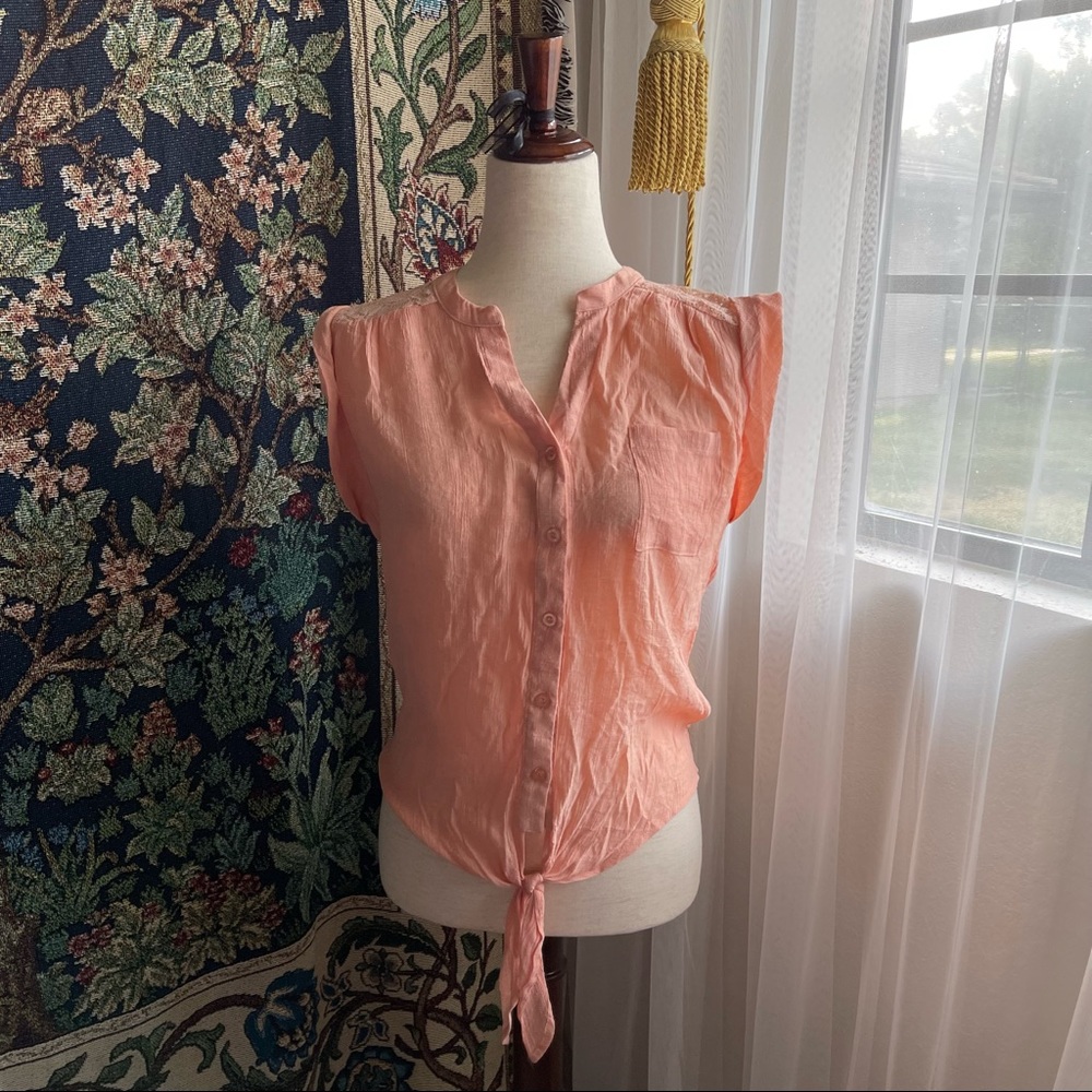 Peach Pink Tie Front Tank Top Blouse with Floral Lace Cutout